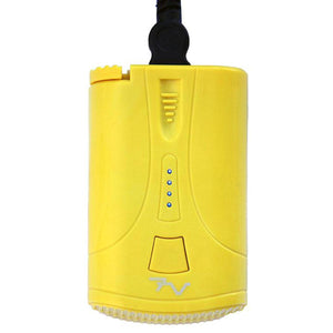 Yellow portable battery pack with four LED status lights and a black power cable