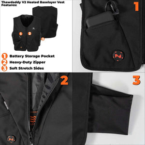 Fieldsheer Thawdaddy V2 heated baselayer vest showing battery pocket, heavy duty zipper, and stretch side panels