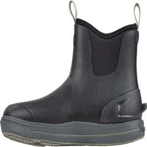 Black rubber ankle boot with grey sole and pull tabs