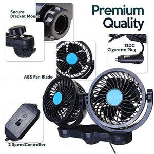 Dual head car fan with 12V cigarette plug, bracket mount, ABS blades, and two speed controller