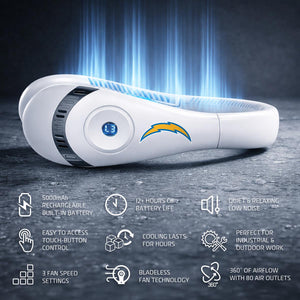 White portable neck fan with Los Angeles Chargers logo and feature icons listed below