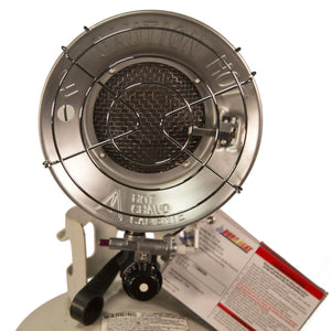 Dura Heat propane tank top heater with metal safety guard and lighting instructions tag