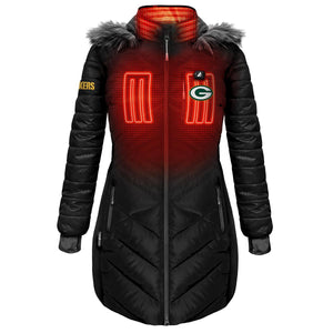 ActionHeat Green Bay Packers heated black puffer jacket with faux fur hood