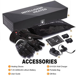 Intelligent heated gloves set including batteries, wall charger, user guide, storage bag, and gift box