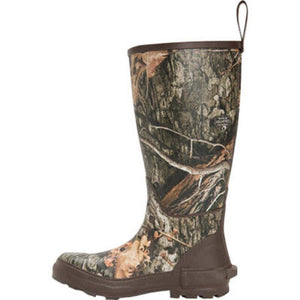 Tall rubber boot with brown tree bark camouflage pattern and brown sole