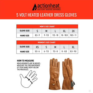 ActionHeat 5 volt heated leather dress gloves size chart for men and women with measurement instructions