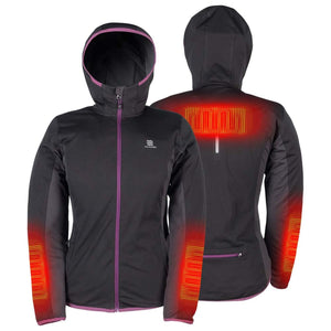 Fieldsheer women heated jacket showing front and back views with glowing red heating elements