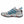 Grey and blue trail running shoe with speckled midsole and orange accents