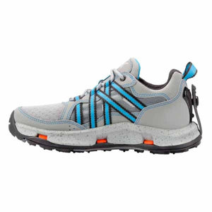 Grey and blue trail running shoe with speckled midsole and orange accents