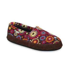 Acorn slipper with a dark red floral pattern and brown suede trim