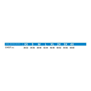 Cool Water Shirts size chart showing chest measurements in inches for sizes XS through 4X