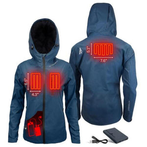 ActionHeat blue hooded jacket showing internal heating element placement and battery pack
