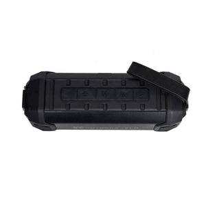Outdoor Tech black portable wireless speaker with top control buttons and carry strap