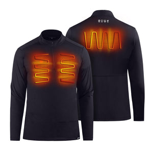 Black long sleeve quarter zip heated shirt showing front and back heating elements