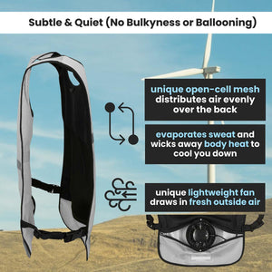 Cooling vest showing mesh back panel and integrated fan for air circulation