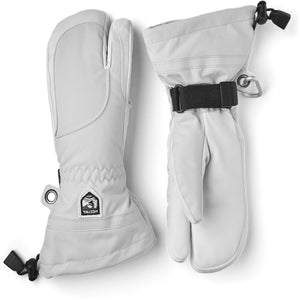 Hestra white three finger ski mittens with adjustable wrist straps and drawcord cuffs