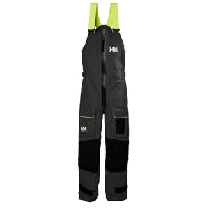 Helly Hansen grey and black waterproof bib trousers with neon yellow straps