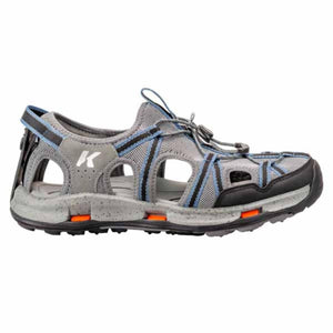 Korkers grey and blue water sandal with toggle lacing system and cutouts