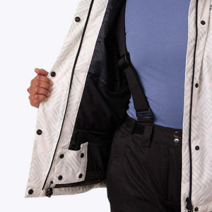 Interior view of Mobile Warming white patterned jacket showing black lining and pocket details