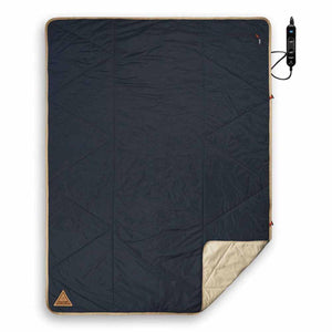 Ignik navy blue quilted electric blanket with tan trim and power controller