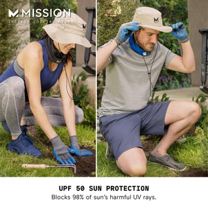 Two people wearing Mission hats and cooling gear while gardening outdoors