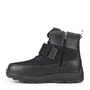 Black winter boot with side zipper and hook and loop strap closure