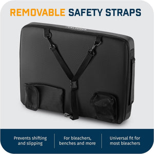 Alpcour bleacher seat with removable safety straps for secure attachment to benches
