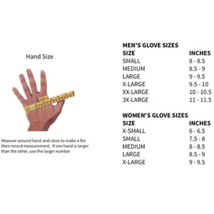Glove size chart for men and women showing measurement instructions and size ranges in inches