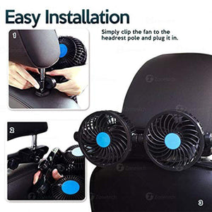 Zonetech car headrest fan installation steps showing clip attachment and power connection