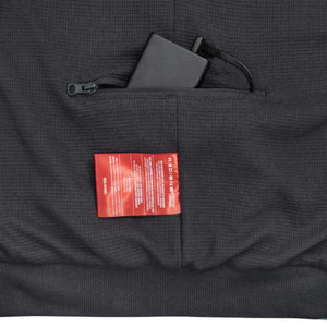 Radians heated apparel battery pack in a zippered pocket with a product information label