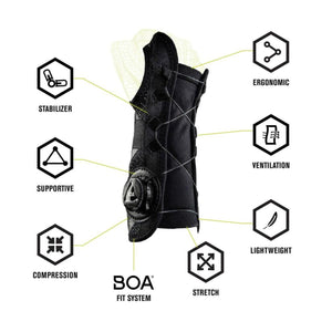 DonJoy wrist brace with Boa fit system and feature callouts for stabilizer, support, compression, and ventilation