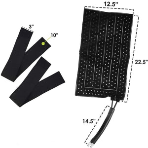 Black therapy pad with dimensions 12.5 by 22.5 inches and two 3 by 10 inch straps