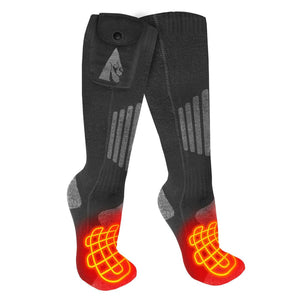 Black knee high heated socks with battery pocket and Gorilla logo