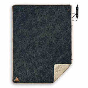 Ignik heated blanket with dark patterned top and tan underside with attached controller