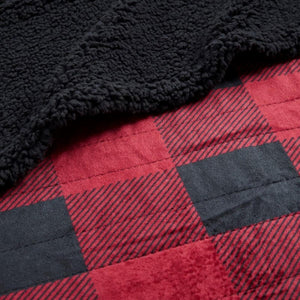 Red and black buffalo plaid quilted fabric with black sherpa lining