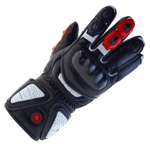 Black and white leather motorcycle glove with red accents and carbon fiber knuckle protection