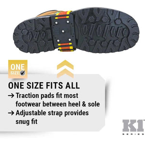 K1 Ice Cleats traction pad attached to boot sole with adjustable strap and one size fits all text