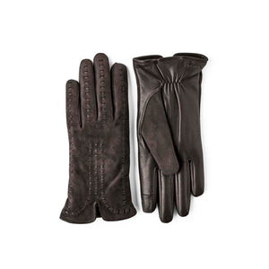 Pair of brown Hestra leather gloves with decorative stitching