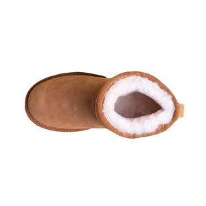 Top view of a tan suede ankle boot with white sheepskin lining