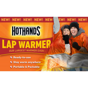 Hothands lap warmer product advertisement featuring two people using the large portable heating blanket