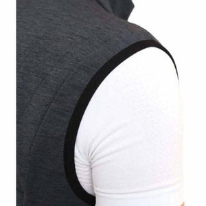 Close up of Lenz dark grey sleeveless vest over white shirt