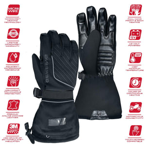 Gerbing 12V heated motorcycle gloves with feature icons detailing heating technology and material specifications