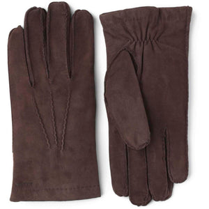 Hestra brown suede gloves with decorative stitching