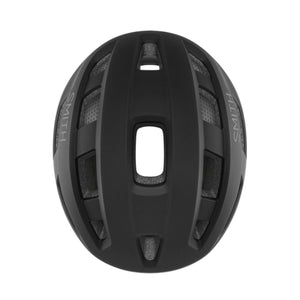 Top view of a matte black Smith Optics cycling helmet with ventilation ports