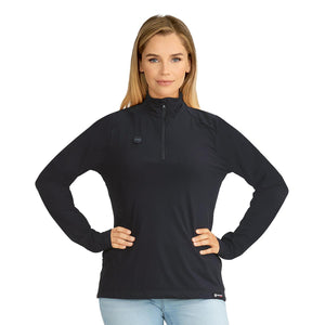 Woman wearing a black Venture Heat long sleeve quarter zip heated pullover