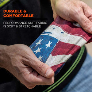 Hands stretching Chill-Its performance knit fabric with American flag pattern