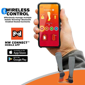 Mobile Warming MW Connect app interface on a smartphone showing heated garment controls and battery status
