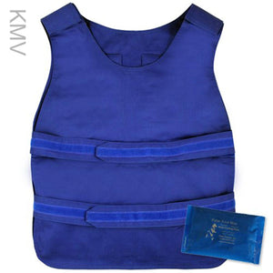 Blue KMV cooling vest with two adjustable velcro straps and a Polar Kool Max cooling pack