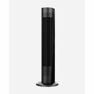 Black Vornado tower fan on a white background