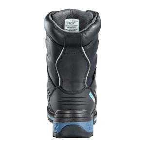 Rear view of black Baffin Ice Monster winter boot with blue heel detail